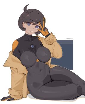 1girl black_bodysuit black_hair blue_eyes bodysuit breasts brown_jacket dark-skinned_female dark_skin emma_(pokemon) gloves hair_ornament highres jacket large_breasts latex latex_bodysuit looking_at_viewer mega_stone melowh nintendo open_clothes open_jacket open_mouth orange_gloves pokemon pokemon_legends:_z-a purple_eyes short_hair smile solo teeth two-tone_gloves w