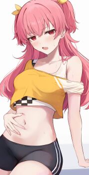 1girl black_shorts collarbone commentary_request crop_top highres kunizaki long_hair looking_at_viewer midriff momoi_airi navel off-shoulder_shirt off_shoulder open_mouth pink_eyes pink_hair project_sekai shirt short_shorts shorts sitting solo sweat tank_top two_side_up white_tank_top yellow_shirt