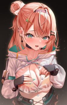 1girl absurdres aqua_nails black_bow black_choker blush bow bra breasts choker cleavage commentary cropped_jacket crossed_bangs ear_piercing fingerless_gloves frilled_shorts frills gloves hair_behind_ear hair_bow hair_bun hairband hands_on_own_chest headset highres horo_27 igarashi_rika igarashi_rika_(2nd_costume) jacket large_breasts long_sleeves looking_at_viewer midriff multicolored_hair nail_polish navel navel_piercing nijisanji o-ring o-ring_choker o-ring_collar open_clothes open_mouth open_shirt orange_bra orange_hair piercing puffy_long_sleeves puffy_sleeves purple_hairband see-through_clothes see-through_shirt shirt shorts single_side_bun smile solo streaked_hair symbol-only_commentary unbuttoned underwear virtual_youtuber white_bow white_jacket