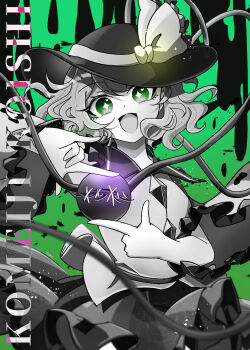 1girl absurdres bowl bowl_hat character_name collared_shirt cowboy_shot finger_frame floral_print floral_print_skirt frilled_skirt frilled_sleeves frills glowing green_background green_eyes greyscale_with_colored_background happy hat hat_ribbon highres komeiji_koishi open_mouth print_skirt ribbon shirt skirt solo spot_color star_(symbol) star_in_eye stitched_eye symbol_in_eye third_eye touhou wide_sleeves yuriri2001