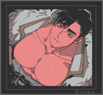 Rule 34 | 1boy, bara, bare pectorals, black background, black border, black gloves, black hair, border, cape, cinq association west uniform, curtained hair, from above, fur-trimmed cape, fur trim, gloves, green eyes, guizhenc, highres, limbus company, looking at viewer, male focus, meursault (project moon), muscular, muscular male, pectorals, project moon, puffy male chest, short hair, simple background, solo, white cape