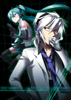 1boy 1girl aqua_eyes aqua_hair caffein cigarette elbow_gloves gloves gun handgun hatsune_miku headphones highres honne_dell long_hair necktie pistol red_eyes skirt smoking thighhighs trigger_discipline twintails very_long_hair vocaloid weapon white_hair