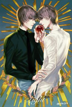 2boys apple black_necktie black_shirt blue_pants brown_hair character_name collared_shirt commentary_request cowboy_shot death_note dual_persona food fruit hair_between_eyes highres holding holding_another&#039;s_wrist holding_food holding_fruit long_sleeves looking_at_another male_focus multiple_boys necktie pan2ca pants parted_lips shirt short_hair twitter_username white_pants white_shirt yagami_light