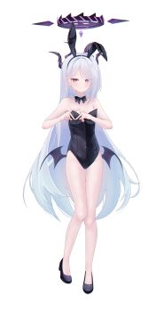 Rule 34 | 1girl, absurdres, alternate costume, animal ear hairband, animal ears, bare shoulders, black bow, black bowtie, black hairband, black halo, black horns, black leotard, black shoes, blue archive, blush, bow, bowtie, breasts, closed mouth, collar, commentary, detached collar, dong hawn, fake animal ears, four-finger heart hands, full body, hairband, halo, hands up, heart, heart hands, high heels, highres, hina (blue archive), horns, leotard, long hair, looking at viewer, low wings, playboy bunny, purple eyes, rabbit ears, shoes, simple background, small breasts, solo, standing, strapless, strapless leotard, very long hair, white background, white collar, white hair, wings