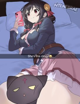 1girl absurdres between_breasts between_thighs bow braid breasts brown_hair cellphone chomusuke commission crown_braid crying_emoji emoji english_text hair_bow hair_ornament head_between_thighs head_on_pillow highres holding holding_phone i&#039;m_this_clingy_(meme) kono_subarashii_sekai_ni_shukufuku_wo! looking_at_phone looking_at_viewer low_twintails lying meme necktie necktie_between_breasts ntenebrae on_bed on_side phone photo-referenced pillow pink_necktie pink_skirt red_bow red_eyes red_prison_magic_school_uniform school_uniform screen_light skirt smartphone smile snapchat twintails yunyun_(konosuba)
