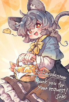 1girl :d ahoge animal animal_ear_fluff animal_ears animal_on_shoulder bad_link basket blush bow bowtie capelet cheese commission commissioner_name cowboy_shot dress food frilled_dress frills grey_capelet grey_dress grey_hair highres holding holding_basket long_sleeves looking_at_viewer mame_komari mouse_(animal) mouse_ears mouse_girl mouse_on_shoulder mouse_tail nazrin open_mouth red_eyes second-party_source shirt short_hair skeb_commission smile solo sparkle sparkling_eyes spoken_food standing tail thank_you thick_eyebrows touhou white_shirt yellow_background yellow_bow yellow_bowtie