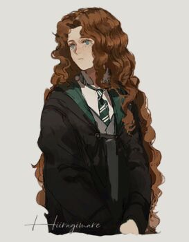 Rule 34 | 1girl, black robe, blue eyes, collared shirt, green necktie, grey vest, gynger edventray (hiiragimare), highres, hiiragimare, hogwarts legacy, hogwarts school uniform, hooded robe, long hair, looking to the side, necktie, original, red hair, robe, school uniform, shirt, simple background, slytherin, solo, upper body, vest, white background, white shirt, wizarding world