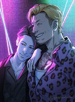 Rule 34 | 2boys, 2obys, akutsu daimu, animal print, beard, black hair, blonde hair, brown eyes, chain, chain necklace, collared shirt, commentary, english commentary, facial hair, formal clothes, height difference, highres, irezumi, jewelry, leaning on person, leopard print, lost judgment, male focus, multicolored hair, multiple boys, necklace, neon lights, parted hair, shirt, souma kazuki, tattoo, teppn (gattobamboom), two-tone hair