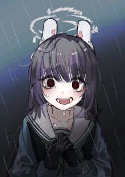 1girl :d @_@ absurdres animal_ears black_gloves black_hair blue_archive blue_shirt collarbone crazy_eyes crazy_smile crying crying_with_eyes_open distorted_halo eyes_visible_through_hair fake_animal_ears fangs furrowed_brow gloves gradient_background grey_halo hair_between_eyes halo hands_up highres ka_keo leaf leaf_on_head long_hair long_sleeves looking_at_viewer mechanical_ears messy_hair miyu_(blue_archive) open_mouth own_hands_together rabbit_ears rain raised_eyebrows red_eyes sailor_collar school_uniform serafuku shirt sketch smile solo tears teeth upper_body white_sailor_collar wide-eyed