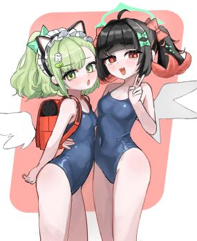 2girls :3 absurdres alternate_costume animal_ear_hairband animal_ears arm_behind_back bag bare_shoulders black_hair blue_one-piece_swimsuit blush bow breasts cat_ears colored_inner_hair covered_navel fake_animal_ears green_bow green_eyes green_hair hair_bow hair_ornament hairband hairclip halo highres ishiro loli looking_at_another looking_at_viewer maid_headdress multicolored_hair multiple_girls nangong_yu one-piece_swimsuit open_mouth pink_background pink_hair red_eyes school_swimsuit simple_background small_breasts smile smug sunna_(zenless_zone_zero) swimsuit twintails v white_wings wings zenless_zone_zero