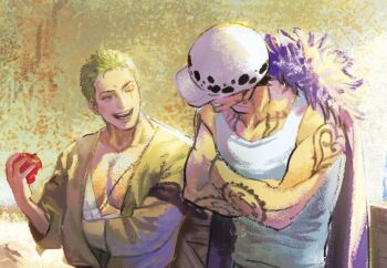 2boys apple arm_tattoo bad_id bad_twitter_id bandana_around_arm cape crossed_arms earrings food fruit green_hair green_kimono hat japanese_clothes jewelry kimono male_focus multiple_boys nisir0 one_piece outdoors roronoa_zoro scar scar_across_eye scar_on_face sideburns smile stitched_torso stitches tank_top tattoo trafalgar_law white_tank_top