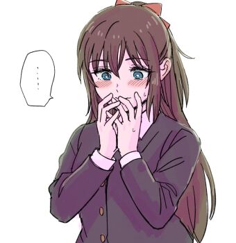 ... 1girl black_jacket blue_eyes blush bow bright_pupils brown_hair collared_shirt commentary flustered hair_bow half_updo jacket long_sleeves love_live! love_live!_nijigasaki_high_school_idol_club nijigasaki_school_uniform osaka_shizuku ponytail red_bow school_uniform shirt solllolll solo speech_bubble spoken_ellipsis sweat upper_body white_pupils white_shirt