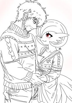 1boy 1girl absurdres artist_name beard_stubble blush bob_cut breasts closed_mouth clothed_pokemon collarbone cowboy_shot eye_contact facial_hair from_side gardevoir gen_3_pokemon greyscale hair_over_one_eye half-closed_eyes happy hetero highres holding_hands interspecies long_sleeves looking_at_another messy_hair monochrome mustache_stubble nintendo one_eye_covered pants pocket pokemon pokemon_(creature) profile red_eyes ronaldor short_hair signature simple_background small_breasts smile spot_color standing stubble ugly_sweater white_background