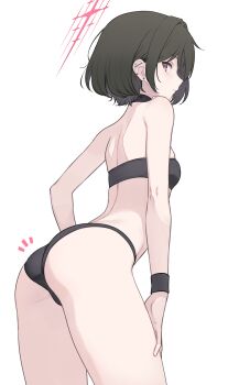 1girl ass bare_shoulders bikini black_bikini black_hair blue_archive blush breasts choker commentary dan_(kumadan) halo highres looking_at_viewer looking_back misaki_(blue_archive) misaki_(swimsuit)_(blue_archive) red_eyes revision short_hair small_breasts solo swimsuit thighs