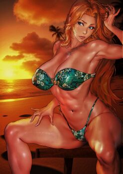 1girl absurdres ass beach bikini bleach breasts curvy everyone hand_in_own_hair highleg highleg_bikini highres large_breasts lips long_hair matsumoto_rangiku navel ocean orange_hair shiny_skin solo swimsuit thong thong_bikini very_long_hair wide_hips