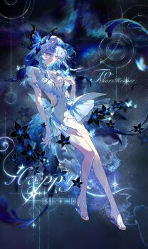 1girl absurdres armlet black_flower blue_butterfly blue_dress blue_hair blue_nails blue_necktie blue_veil breasts bug butterfly closed_mouth colored_eyelashes dress duershou english_text fingernails flower full_body hair_between_eyes highres insect jewelry large_breasts nail_polish necktie purple_eyes sandals shorekeeper_(wuthering_waves) sky sleeveless sleeveless_dress solo star_(sky) starry_sky tacet_mark_(wuthering_waves) toenail_polish toenails two-tone_veil veil white_dress white_veil wuthering_waves