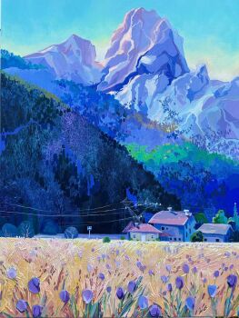 Rule 34 | acrylic paint (medium), anastasia trusova, building, day, field, flower, flower field, highres, house, impasto, mountain, no humans, original, outdoors, painting (medium), purple flower, scenery, traditional media, utility pole