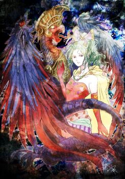 Rule 34 | 1girl, beads, cape, closed mouth, commentary request, copyright name, dress, elbow gloves, final fantasy, final fantasy vi, gloves, green hair, hair ribbon, long hair, ponytail, purple eyes, purple ribbon, red dress, red gloves, ribbon, ruka (blueplus84), sash, short dress, solo, tina branford, valigarmanda, yellow cape