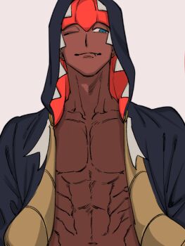 1boy abs dark-skinned_male dark_skin fang hood hoodie male_focus mineco000 nintendo one_eye_closed open_clothes pokemon pokemon_swsh simple_background solo toned toned_male