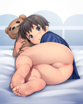 1boy absurdres anus ass ass_focus barefoot blue_eyes blush bottomless brown_hair feet foot_focus foreshortening highres hinahara_hajime low_shota lying male_focus on_side open_mouth original perineum shota soles solo solo_focus stuffed_animal stuffed_toy teddy_bear testicles