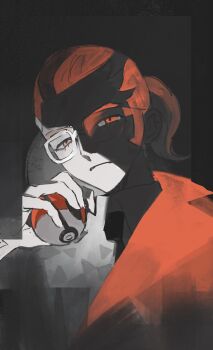 1boy black_necktie glasses grisham_(pokemon) hair_pulled_back head_tilt highres holding holding_poke_ball looking_at_viewer male_focus multicolored_hair necktie nintendo orange_hair partially_shaded_face poke_ball pokemon pokemon_legends:_z-a ponytail portrait short_ponytail solo spot_color two-tone_hair white_hair zhenzi217