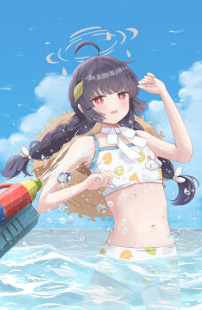 1girl a_ekoa absurdres ahoge bare_arms bare_shoulders bikini black_hair blue_archive blue_sky blunt_bangs blunt_ends blush braid bright_pupils cloud commentary cowboy_shot day flat_chest frown furrowed_brow grey_halo halo hat hat_on_back highres leaf_print long_hair looking_at_viewer low_twintails miyu_(blue_archive) miyu_(swimsuit)_(blue_archive) navel ocean official_alternate_costume official_alternate_hairstyle open_mouth outdoors partially_submerged print_bikini red_eyes sidelocks sky solo stomach straw_hat swimsuit twin_braids twintails water water_drop water_gun wet white_bikini white_pupils