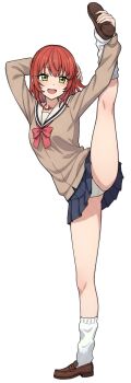 1girl arm_behind_head arms_up black_skirt blush bocchi_the_rock! brown_sailor_collar brown_shirt brown_shoes commentary_request flexible full_body green_eyes hair_between_eyes hand_on_own_leg highres holding_own_leg kita_ikuyo leg_lift leg_up loafers long_hair long_sleeves looking_at_viewer loose_socks one_side_up open_mouth panties pleated_skirt red_hair ryuhirohumi sailor_collar school_uniform shirt shoes shuka_high_school_uniform simple_background skirt smile socks solo split standing standing_on_one_leg standing_split underwear white_background white_panties white_socks