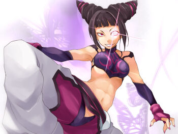 Rule 34 | 1girl, abs, akane yuki, capcom, drill hair, evil grin, evil smile, female focus, fighting stance, glowing, glowing eye, grin, halterneck, han juri, kicking, midriff, nail polish, navel, pink nails, smile, solo, standing, standing on one leg, street fighter, street fighter iv (series), twin drills