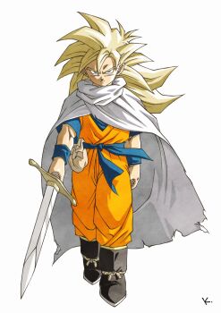Rule 34 | 1boy, alternate hairstyle, black boots, blonde hair, blue sash, blue shirt, boots, cape, commentary request, dougi, dragon ball, dragonball z, full body, highres, holding, holding sword, holding weapon, kakeru (dbskakeru), long hair, male focus, orange pants, orange shirt, pants, sash, shirt, simple background, solo, son gohan, spiked hair, super saiyan, super saiyan 1, sword, weapon, white background, white cape