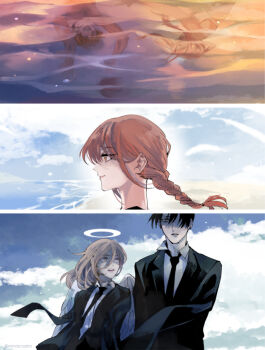 Rule 34 | 2girls, 3boys, angel, angel devil (chainsaw man), angel wings, black hair, black jacket, black necktie, black pants, blue sky, braid, braided ponytail, brown hair, chainsaw man, cloud, cloudy sky, collared shirt, denji (chainsaw man), floating neckwear, formal clothes, hair between eyes, halo, hayakawa aki, jacket, long hair, looking at another, looking at viewer, looking to the side, makima (chainsaw man), multiple boys, multiple girls, nair (mindcreator), necktie, no arms, pants, power (chainsaw man), red hair, reflection, ringed eyes, shaded face, shirt, shirt tucked in, short hair, sky, suit, suit jacket, traditional halo, white shirt, white wings, wings, worried, yellow eyes