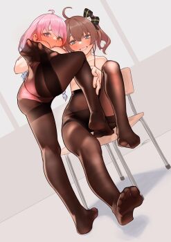 2girls absurdres aiharararara black_pantyhose blue_eyes blush brown_hair feet hand_in_another's_pantyhose hand_in_pantyhose highres himemori_luna hololive indoors loli multiple_girls natsuiro_matsuri no_shoes panties panties_under_pantyhose pantyhose pantyhose_only parted_lips pink_panties see-through_pantyhose side_ponytail sitting smile soles standing toes topless_female underwear virtual_youtuber