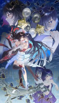 1girl absurdres black_dress black_hair blue_hair blue_skirt bug butterfly colored_inner_hair commentary_request dress dual_persona duoyun_de_tiankong highres honkai_(series) honkai_impact_3rd hug hug_from_behind incest insect long_hair multicolored_hair multiple_views red_hair seele_(alter_ego) seele_vollerei seele_vollerei_(herrscher_of_rebirth) seele_vollerei_(starchasm_nyx) seele_vollerei_(swallowtail_phantasm) short_hair skirt solo star_balloon two-tone_hair very_long_hair white_dress yuri