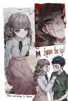 Rule 34 | 2boys, amputee, armless amputee, black hair, blood, closed eyes, english text, face piercing, facepaint, fear &amp; hunger (series), fear &amp; hunger 2: termina, green jumpsuit, grey hair, hashtag-only commentary, highres, holding, holding hands, holding knife, jumpsuit, knife, levi (fear &amp; hunger), lilio, long hair, marina (fear &amp; hunger), mouth piercing, multiple boys, piercing, pink skirt, shirt, skirt, trap, white shirt