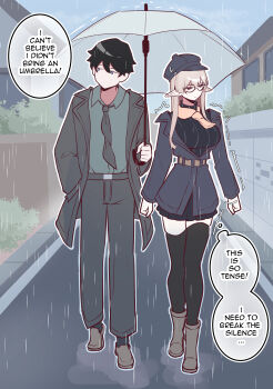 Rule 34 | 1boy, 1girl, absurdres, black hair, black hat, black jacket, black necktie, black pants, black shirt, black skirt, black thighhighs, blue eyes, boots, breasts, closed mouth, commentary, day, double-parted bangs, elf, english commentary, english text, glasses, grey boots, grey hair, grey shoes, hair between eyes, hat, highres, jacket, large breasts, long hair, long sleeves, mirui09, necktie, original, outdoors, pants, pointy ears, rain, red eyes, shared umbrella, shirt, shoes, short hair, sidelocks, skirt, speech bubble, thighhighs, thought bubble, umbrella, walking