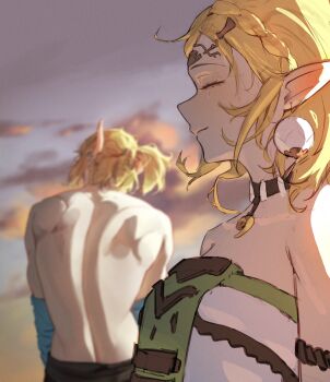Rule 34 | 1boy, 1girl, absurdres, back, blonde hair, breasts, cloud, cloudy sky, commentary, dress, edwin62293123, elf, highres, link, medium breasts, nintendo, outdoors, pointy ears, princess zelda, short hair, sky, smile, the legend of zelda, undressing, white dress