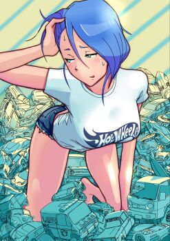 1girl 959_(8go8) alfa_romeo alfa_romeo_4c annotation_request blue_hair blush bugatti bugatti_eb_110 car delorean dodge_(company) dodge_charger dodge_charger_(2nd_generation) embarrassed eunos_roadster fast_&amp;_furious ford ford_bronco ford_mustang ford_mustang_s197 hand_on_own_head highres hot_wheels k.i.t.t knight_rider lexus lexus_2054 logo looking_to_the_side mazda mazda_mx-5 mazda_mx-5_na mazda_rx-7 mazda_rx-7_fd mclaren mclaren_f1 mercedes-benz mercedes-benz_190e mercedes-benz_amg_gt mini_cooper minority_report mitsubishi_gto mitsubishi_lancer_evolution mitsubishi_motors motor_vehicle muscle_car nissan nissan_fairlady_z nissan_gt-r nissan_silvia nissan_silvia_s15 nissan_skyline nissan_skyline_gt-r nissan_skyline_r32 nissan_skyline_r33 nissan_z_(rz34) partially_annotated pickup_truck police_car pontiac pontiac_firebird shelby_gt500 short_hair solo sports_car sports_utility_vehicle subaru_impreza surfboard toy_car toyota toyota_supra toyota_supra_mk_v truck twin_mill_(hot_wheels) vehicle_request volkswagen volkswagen_caddy volkswagen_type_2 volvo volvo_850