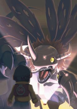 Rule 34 | 1boy, beanie, cyborg, digimon, digimon (creature), digimon world, dinosaur, hat, helmet, highres, jacket, mameo (digimon), mechanical arms, metalgreymon (virus), mumimushi, sharp teeth, single mechanical arm, teeth, torn wings, wings, yellow jacket