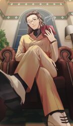 Rule 34 | 1boy, absurdres, anarogiizu, black sweater, book, brown hair, brown jacket, brown pants, buttons, closed mouth, commentary request, couch, crossed legs, facial hair, from below, glasses, hair slicked back, hand up, highres, holding, holding book, ikutsuki shuuji, indoors, jacket, long hair, long sleeves, looking at viewer, male focus, on couch, one eye closed, open book, pants, persona, persona 3, persona 3 reload, plant, potted plant, signature, sitting, solo, sweater, turtleneck, turtleneck sweater, white footwear, window