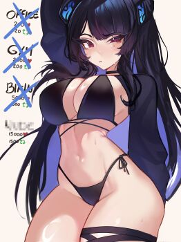 Rule 34 | 1girl, absurdres, arm up, bikini, black bikini, black hair, black horns, blue hair, breasts, cleavage, cowboy shot, highres, hololive, hololive english, horns, large breasts, multicolored hair, nerissa ravencroft, purple eyes, side-tie bikini bottom, solo, suliavtuber, swimsuit, twitter strip game, two-tone hair, virtual youtuber