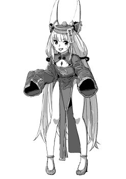 1girl alternate_costume animal_ear_fluff animal_ears cat_ears cat_girl chin_bell commentary_request full_body greyscale highres jiangshi leaning_forward looking_at_viewer monochrome nia_(blade)_(xenoblade) nia_(xenoblade) ofuda pelvic_curtain simple_background sleeves_past_fingers sleeves_past_wrists smile solo standing tongue tongue_out white_background xenoblade_chronicles_(series) xenoblade_chronicles_2