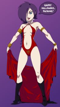 1girl absurdres boots cosplay drill_hair fangs halloween high_heel_boots high_heels highres leotard lipstick makeup original purple_hair vampirella vampirella_(character) vampirella_(character)_(cosplay) zone-tan