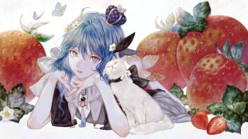 Rule 34 | 1girl, barefoot, blue eyes, blue hair, bug, butterfly, cat, ciel (kamitsubaki studio), commentary, cuddling, dress, food, fruit, full body, head rest, highres, insect, kamitsubaki studio, looking at viewer, lying, medium hair, official art, on stomach, parted lips, shirone (coxo ii), strawberry, symbol-only commentary, the pose, toes, white cat