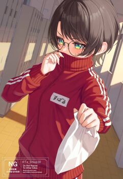 Rule 34 | 1girl, absurdres, averting eyes, black hair, blue eyes, blush, character name, commentary request, covering own mouth, day, glasses, gym uniform, hallway, hand up, highres, hololive, incoming gift, indoors, jacket, name tag, oozora subaru, pants, red jacket, red pants, round eyewear, short hair, solo, swept bangs, ta shiuji30, track jacket, track suit, valentine, virtual youtuber