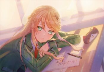 1girl aged_down aramis_high_school_uniform blonde_hair blush book braid chinese_commentary closed_mouth commentary_request dutch_angle eiyuu_densetsu elaine_auclair flowingcrescent green_eyes green_jacket half_up_braid highres jacket kuro_no_kiseki_(series) kuro_no_kiseki_i leaning_forward long_hair long_sleeves looking_at_viewer mishy necktie notebook open_book pen pencil_case red_necktie school_uniform sidelighting sidelocks sitting smile solo sunlight translation_request