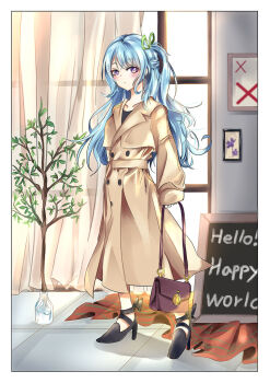 Rule 34 | 1girl, bag, bang dream!, black shoes, blue hair, blush, border, brown coat, chalkboard, closed mouth, coat, commentary, green ribbon, hair ribbon, highres, holding, holding bag, indoors, korean commentary, long hair, looking at viewer, matsubara kanon, one side up, patpang, purple eyes, ribbon, shoes, solo, white border