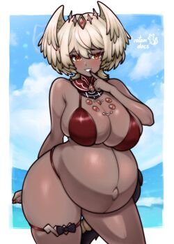 1girl :3 absurdres artist_name bare_arms bare_shoulders bikini blue_sky blush breasts cleavage cloud commentary commission cowboy_shot dark-skinned_female dark_skin english_commentary finger_to_mouth gem gem_hair_ornament hair_wings highres huge_breasts jewelry ko-fi_commission nail_polish navel ocean original pregnant red_bikini rotomdocs signature sky smile solo standing stomach swimsuit thick_thighs thigh_strap thighs
