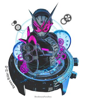 Rule 34 | 1boy, absurdres, analog clock, artist name, black bodysuit, bodysuit, character name, clock, clock hands, commentary request, facing viewer, fake horns, gears, helmet, highres, horned helmet, horns, index finger raised, kamen rider, kamen rider zi-o, kamen rider zi-o (series), male focus, obakelope0530, pointing, pointing up, rider watch, simple background, solo, tokusatsu, upper body, v-fin, white background