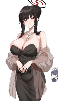 2girls absurdres armpit_crease bag bare_shoulders black_dress black_hair blue_archive breasts cleavage clutch_purse dress epko full_body grin hair_bun halo handbag highres jewelry kisaki_(blue_archive) large_breasts multiple_girls necklace pearl_necklace red_eyes rio_(blue_archive) rio_(dress)_(blue_archive) sidelocks simple_background smile solo solo_focus white_background