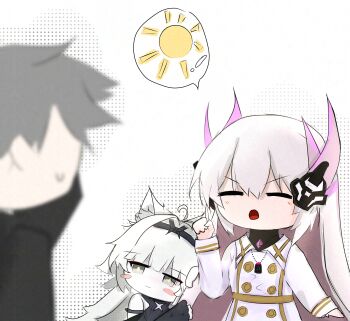 Rule 34 | 1boy, 2girls, ahoge, bare shoulders, black hairband, blush stickers, closed eyes, commandant (pgr), commentary, dress, english commentary, grey eyes, hairband, hand up, headgear, highres, index finger raised, liv: eclipse (pgr), liv (pgr), long hair, long sleeves, looking at another, mismatched pupils, multiple girls, no. 21: feral (pgr), no. 21 (pgr), open mouth, punishing: gray raven, sanx7, spoken sun, star-shaped pupils, star (symbol), symbol-shaped pupils, white dress, white hair, yellow pupils