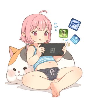 1girl :q ahoge barefoot black_shorts blue_camisole blush camisole closed_mouth commentary_request drawstring fat_cat_(ff14) feet final_fantasy final_fantasy_xiv handheld_game_console holding holding_handheld_game_console lalafell navel nintendo_switch_2 onyhakase pink_eyes pink_hair playing_games playing_video_games pointy_ears short_hair shorts simple_background sitting soles solo spread_legs striped_camisole toes tongue tongue_out warrior_of_light_(ff14) white_background